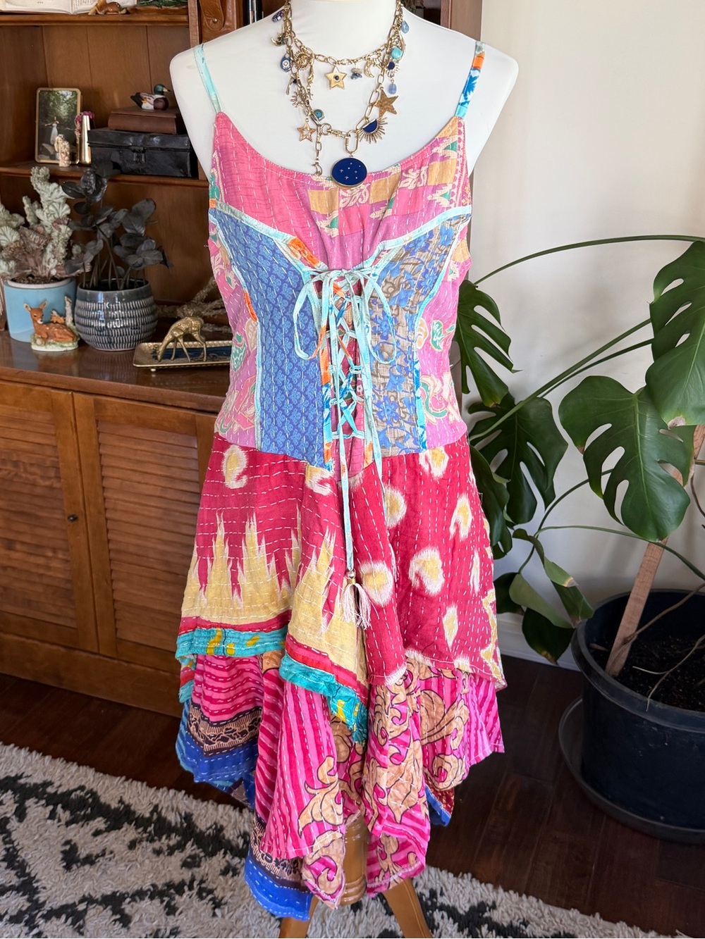 Wevez Kantha Bohemian Patchwork Pixie Skirt Corset Sundress Pink Multi OS - Picture 12 of 14
